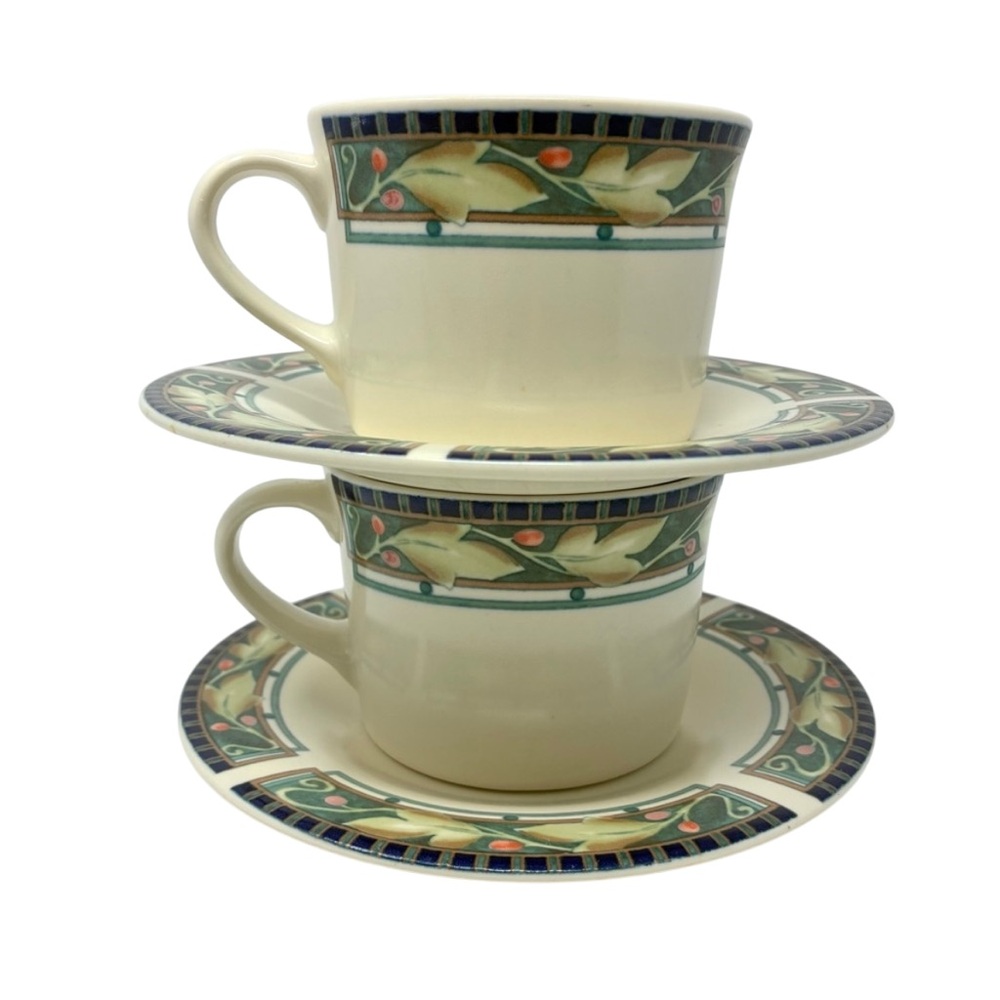 Pfaltzgraff Portfolio Forest Flat Cup & Saucer Set of 2 Stoneware Red Berries